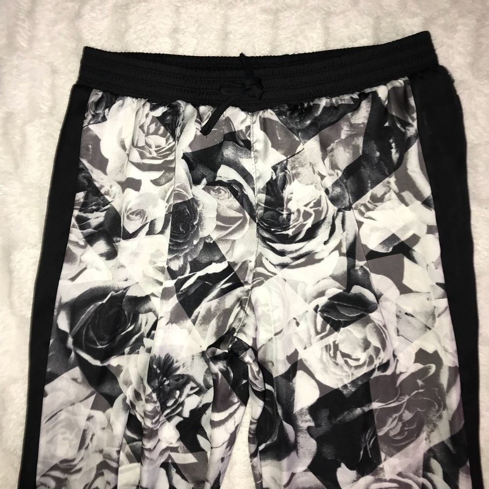 black and white silk rose joggers